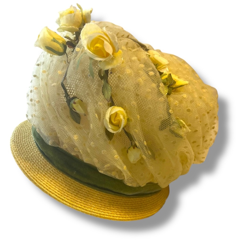 Vintage Doris Designs Bouffant Bubble Hat w/Yellow Polka Dot Tulle and Roses